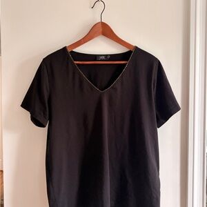 YEST Black V-Neck Short Sleeve Top with Metallic Trim